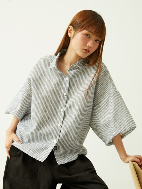 Grey Striped - Oversize Short Sleeve Shirt