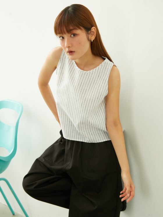 Linen Cropped Tank Top - White Striped