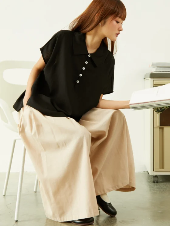 Linen Peter Pan Collars Polo Blouse - Black