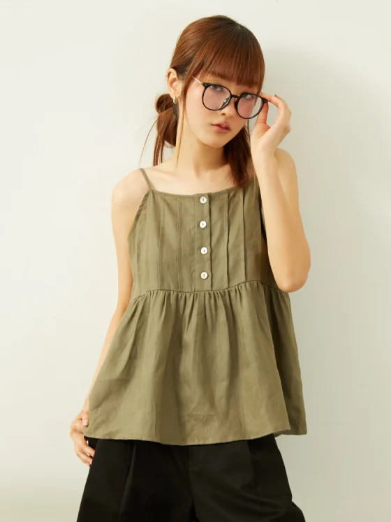 Linen Spaghetti Strap Top - Olive Green
