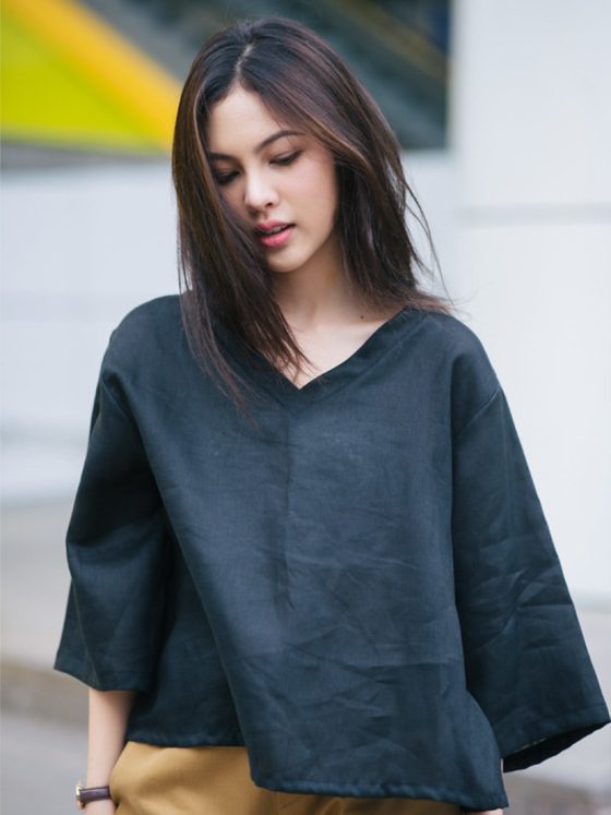 V-Neck Linen Blouse Black