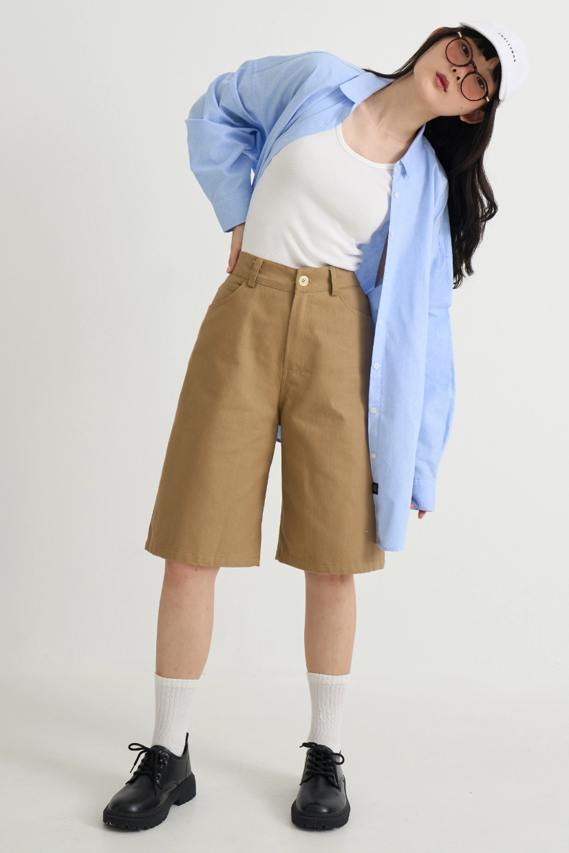 Baggy Cotton Twill Shorts - Khaki