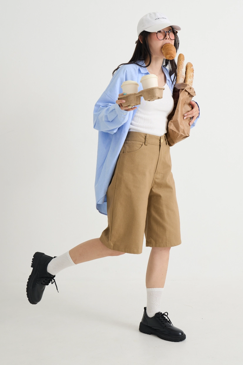 Baggy Cotton Twill Shorts - Khaki - Image 2