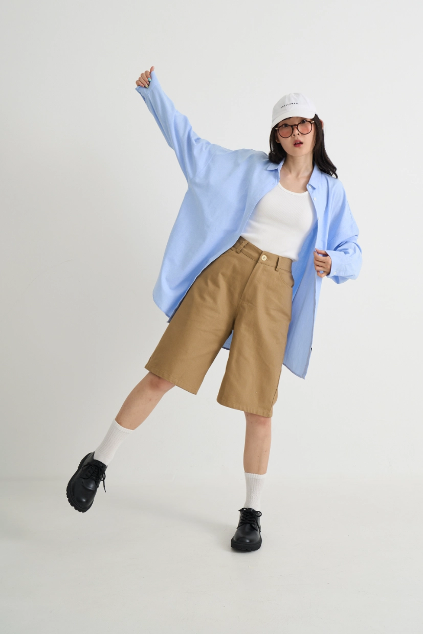 Baggy Cotton Twill Shorts - Khaki - Image 3